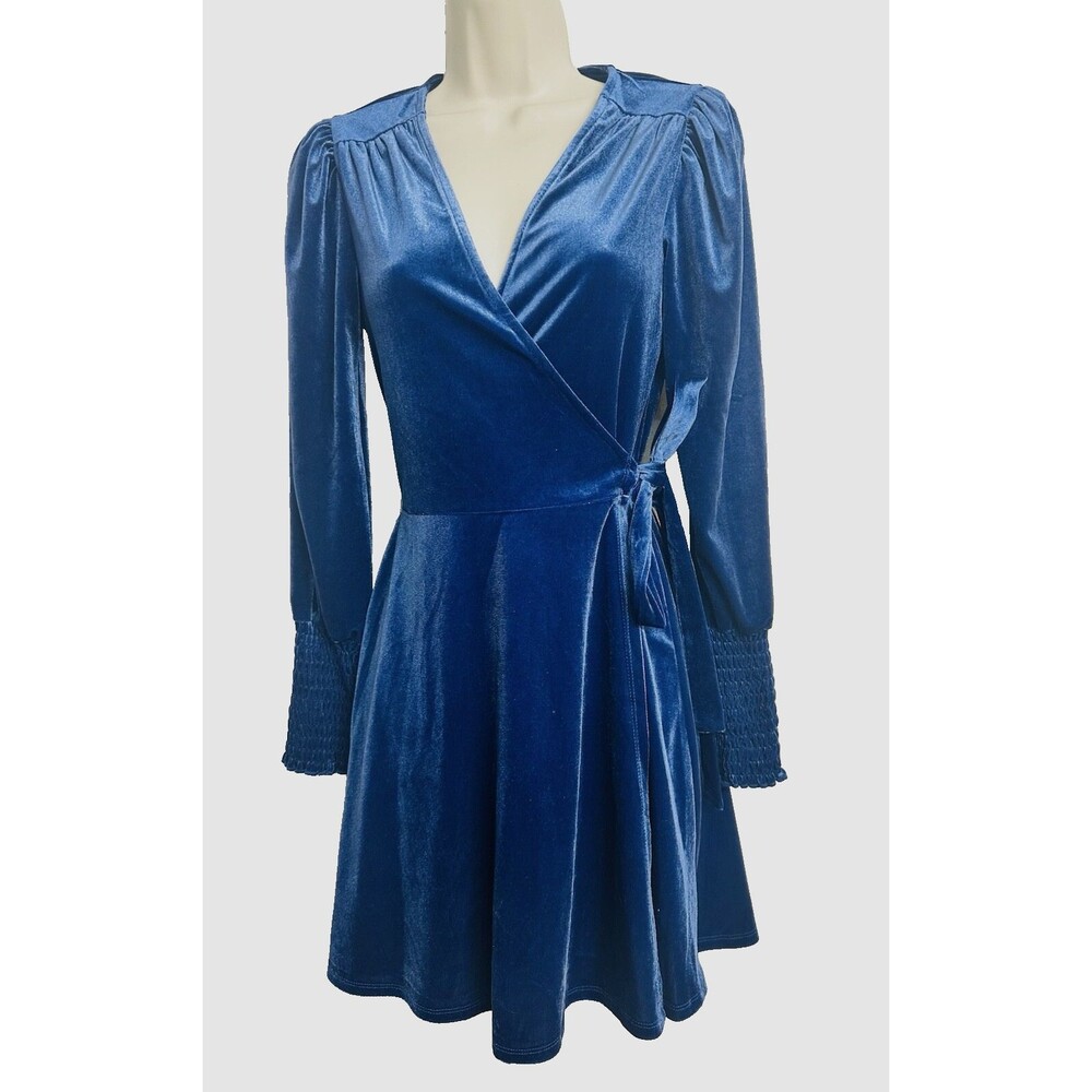 Mi Ami by Francesca's NWT Blue Velvet V-Neck Wrap Belted Spandex Wrists Dress XS